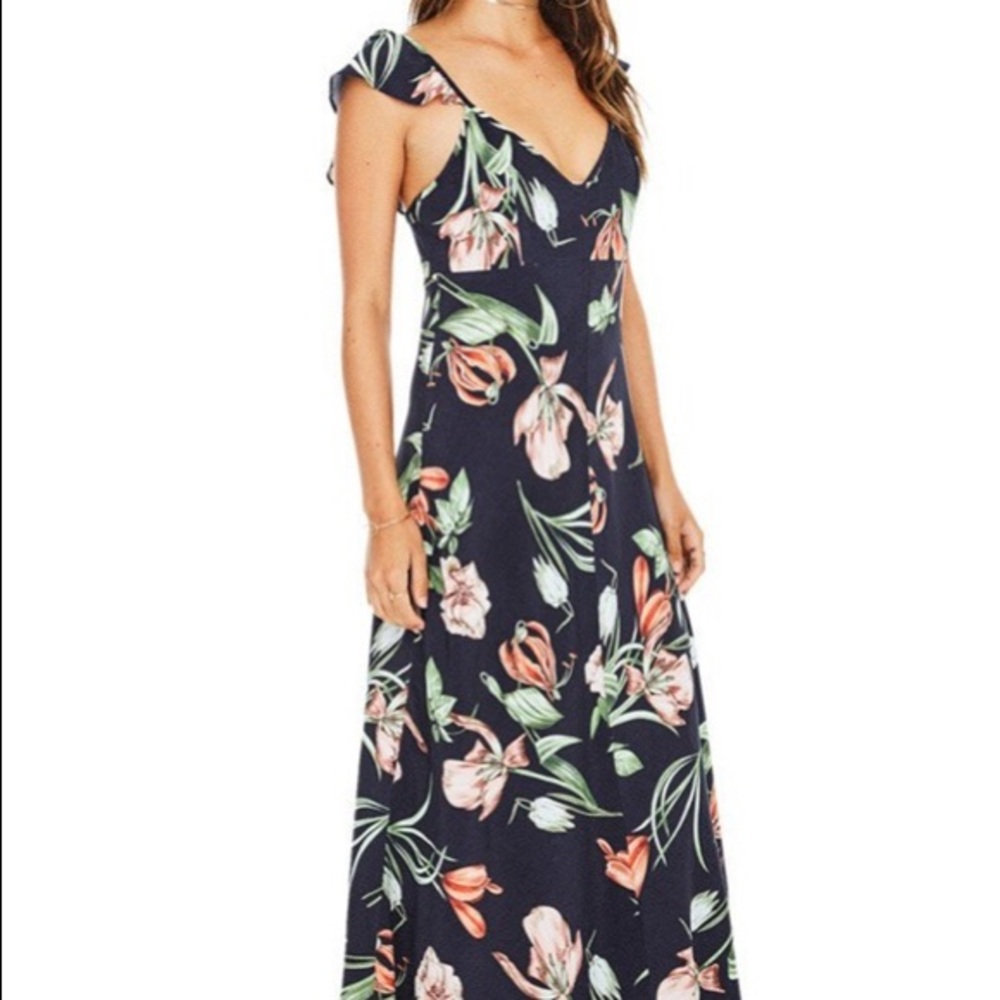 ASTR Florentina Maxi Dress Ruffle Tank Navy Flower